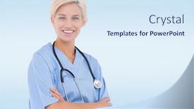  Presentation with camera - PPT layouts having blonde doctor smiling at camera against blue vignette background background and a sky blue colored foreground