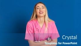  Presentation with blue pink - Colorful PPT theme enhanced with blonde-doctor-with-pink-uniform backdrop and a ocean colored foreground