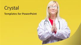 Presentation with medical robot hand and doctor - Slide deck consisting of blonde doctor woman wearing medical background and a  colored foreground