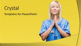  Presentation with medical smiling doctor - Colorful theme enhanced with blonde doctor woman wearing medical backdrop and a  colored foreground