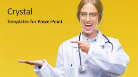  Presentation with medical amputation hand amputated - PPT theme featuring blonde doctor woman wearing medical background and a  colored foreground