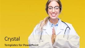  Presentation with medical robot hand and doctor - PPT theme featuring blonde doctor woman wearing medical background and a yellow colored foreground