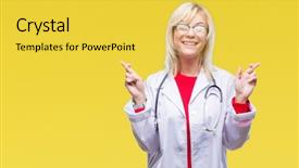  Presentation with eye for medical interpretation - Presentation theme featuring blonde doctor woman wearing medical background and a yellow colored foreground