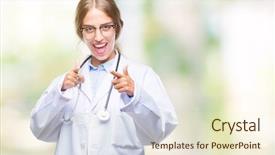  Presentation with doctor helps to get out of bed an elderly woman - Presentation theme with blonde doctor woman wearing medical background and a  colored foreground