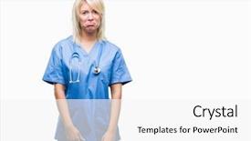  Presentation with woman crying - Colorful slide set enhanced with blonde doctor woman wearing medical backdrop and a  colored foreground