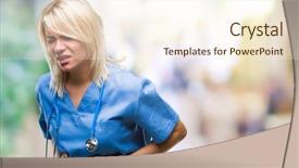  Presentation with child stomach medical - Beautiful PPT layouts featuring blonde doctor woman wearing medical backdrop and a  colored foreground
