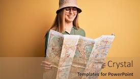  Presentation with blue eyes - Amazing presentation theme having blonde-explorer-woman-with-blue backdrop and a coral colored foreground