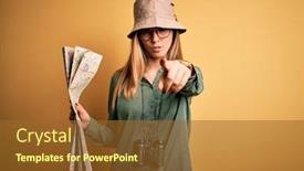  Presentation with explorer - Presentation theme enhanced with blonde-explorer-woman-with-blue background and a tawny brown colored foreground