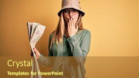  Presentation with explorer - Slide deck with blonde-explorer-woman-with-blue background and a tawny brown colored foreground