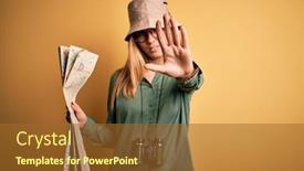  Presentation with explorer - Presentation design having blonde-explorer-woman-with-blue background and a tawny brown colored foreground