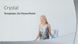  Presentation with glamour - Beautiful slide set featuring blonde fashion glamour girl in silver shiny dress standing at the table isolated on the grey background backdrop and a light gray colored foreground