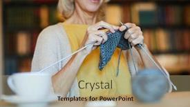  Presentation with knitting - Slides with blonde female knitting blue scarf socks or sweater while sitting by table in cozy cafe background and a coral colored foreground