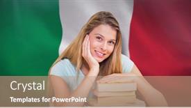  Presentation with global education - Presentation theme with blonde-female-student-smiling background and a  colored foreground
