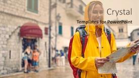  Presentation with rainy day - Slide set having blonde-female-tourist-exploring background and a coral colored foreground