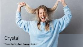  Presentation with stressed - Theme having blonde girl examining her hair background and a light blue colored foreground