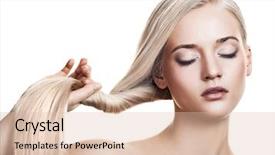  Presentation with environment health safety quality text - PPT theme having blonde girl healthy long hair background and a lemonade colored foreground