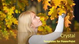  Presentation with oak - Colorful PPT theme enhanced with blonde girl in the autumn park admiring branch autumn leaves of oak backdrop and a tawny brown colored foreground
