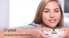  Presentation with video game 3d play games - PPT theme enhanced with blonde girl playing video games background and a coral colored foreground