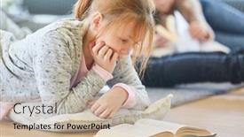  Presentation with storybook - Cool new PPT theme with blonde-girl-reads-concentrated backdrop and a soft green colored foreground