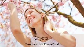 Presentation with cherry blossom - Theme having blonde girl standing at cherry blossom in a garden under a blooming tree background and a coral colored foreground