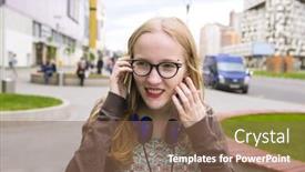  Presentation with people talking - Amazing PPT theme having blonde-girl-talking backdrop and a violet colored foreground