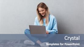  Presentation with cheerful stylish city girl using - Slides with blonde girl using laptop computer background and a ocean colored foreground