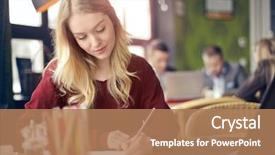  Presentation with descriptive writing - PPT theme having blonde girl writing in notebook background and a coral colored foreground