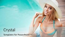  Presentation with happy sad masks - Audience pleasing PPT theme consisting of blonde hair sitting near swiming backdrop and a  colored foreground