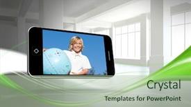  Presentation with green screen - Cool new slides with blonde happy boy on smartphone screen against abstract white and green line design in room backdrop and a mint green colored foreground