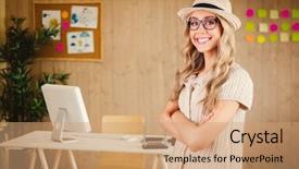  Presentation with wooden cross against the sky - Theme featuring blonde hipster with arms cross background and a coral colored foreground