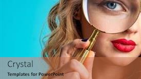  Presentation with eyesight - Beautiful slides featuring blonde-holds-a-magnifying-glass backdrop and a red colored foreground