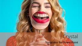  Presentation with magnifying glass - PPT theme enhanced with blonde-holds-a-magnifying-glass background and a red colored foreground