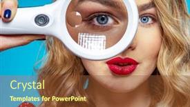  Presentation with eye glass - Audience pleasing presentation design consisting of blonde-holds-a-magnifying-glass backdrop and a tawny brown colored foreground