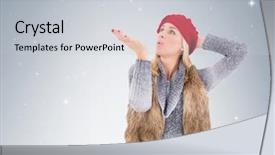  Presentation with kiss - Slide set consisting of blonde in winter clothes blowing kiss on vignette background background and a light gray colored foreground