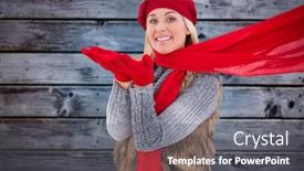  Presentation with kiss - Colorful presentation theme enhanced with blonde in winter clothes blowing kiss against grey wooden planks backdrop and a gray colored foreground