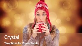  Presentation with orange abstract - Slide set having blonde in winter clothes smiling at camera against orange abstract light spot design background and a red colored foreground