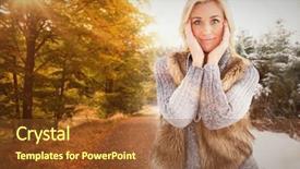  Presentation with forest road - Slides having blonde in winter clothes smiling at camera against scenic shot of narrow road along forest background and a tawny brown colored foreground