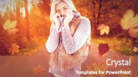  Presentation with winter scene - Colorful PPT theme enhanced with blonde in winter clothes smiling at camera against autumn scene backdrop and a coral colored foreground
