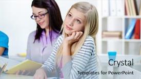  Presentation with listening - Amazing presentation theme having blonde listening to the teacher backdrop and a light blue colored foreground