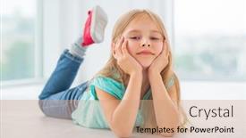  Presentation with fancy dress - Beautiful presentation design featuring blonde little girl in blue dress and fancy jeans lying on the floor on her stomach relaxing backdrop and a coral colored foreground
