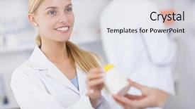  Presentation with healthcare workers - Beautiful PPT layouts featuring blonde pharmacist giving a drug backdrop and a sky blue colored foreground