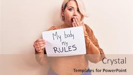  Presentation with women rights - PPT theme with blonde-plus-size-woman-asking background and a coral colored foreground