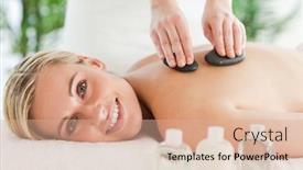  Presentation with wellness - Amazing theme having blonde smiling woman experiencing a stone therapy in a wellness center backdrop and a coral colored foreground