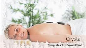  Presentation with snowflakes - Beautiful presentation featuring blonde smiling woman having a stone therapy against fir tree forest and snowflakes backdrop and a lemonade colored foreground