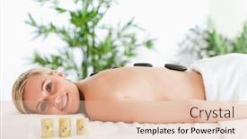  Presentation with wellness - Presentation theme having blonde smiling woman having a stone therapy in a wellness center background and a lemonade colored foreground