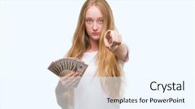  Presentation with blonde holding magnifying glass - PPT theme consisting of blonde teenager woman holding dollars background and a  colored foreground
