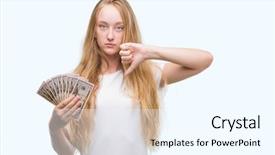  Presentation with blonde holds a magnifying glass - Slides with blonde teenager woman holding dollars background and a  colored foreground