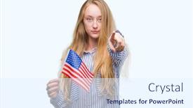  Presentation with america flag - PPT layouts with blonde teenager woman holding flag of united states of america pointing with finger to the camera and to you hand sign positive and confident gesture from the front background and a sky blue colored foreground