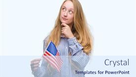  Presentation with america flag - Colorful PPT layouts enhanced with blonde teenager woman holding flag of united states of america serious face thinking about question very confused idea backdrop and a sky blue colored foreground