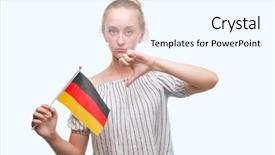  Presentation with flag - Amazing slide deck having blonde teenager woman holding flag backdrop and a white colored foreground